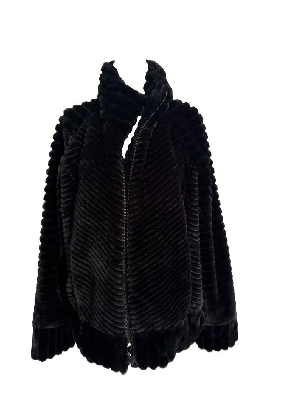 Bernardo Womens Black Chevron Ribbed FauxFur Bomber Jacket Size M Old Money Glam - Picture 2 of 11